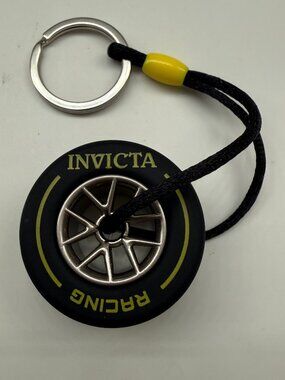 New Invicta Racing Wheel BLK Tire Metal Chrome Rim Yellow Print Key Chain NWT